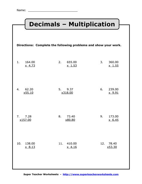 decimal grade 6 Multiplication Table