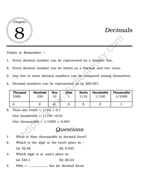 Decimal Questions For Class 6