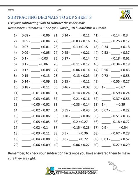Decimal Subtraction Worksheets Math Salamanders Subtracting With Decimals Worksheet - Subtracting With Decimals Worksheet