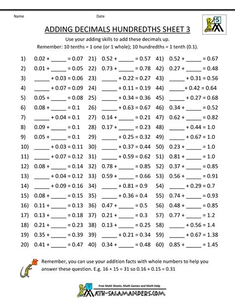 Decimal Worksheets Math Salamanders Naming Decimals Worksheet - Naming Decimals Worksheet