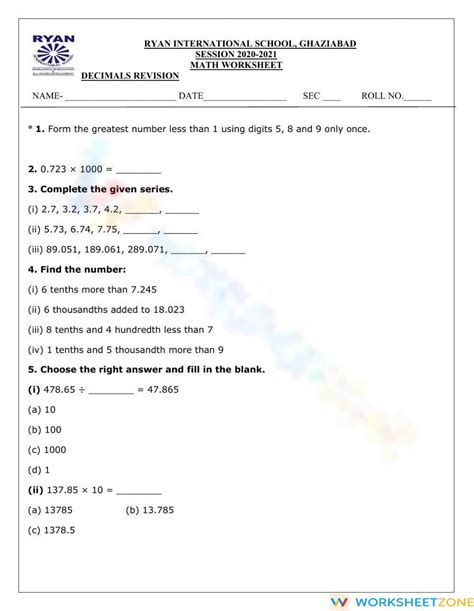 Decimals Class 5 Worksheets