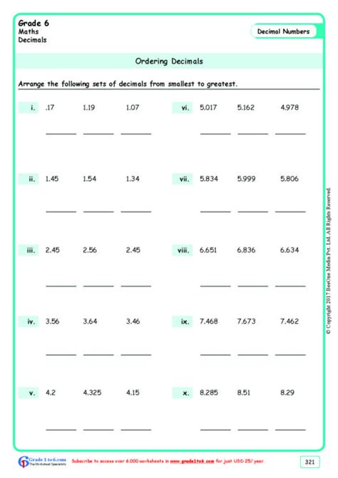 Decimals Class 6 Worksheet
