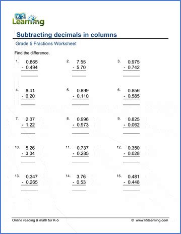 Decimals Worksheets K5 Learning Subtracting With Decimals Worksheet - Subtracting With Decimals Worksheet