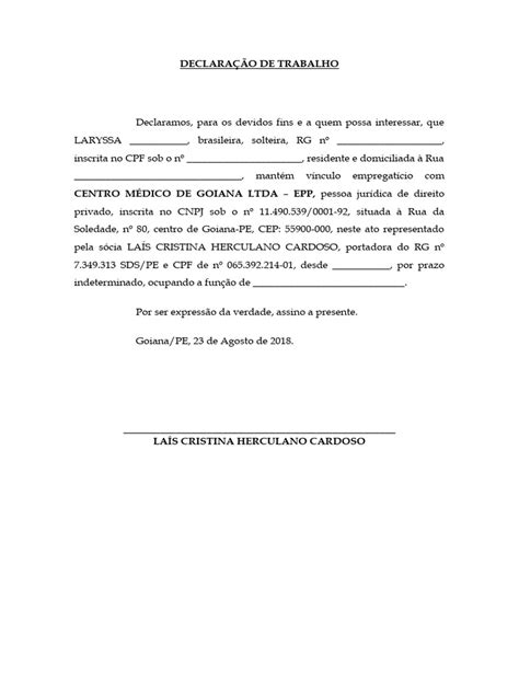 Declaracao De Trabalho Modelo