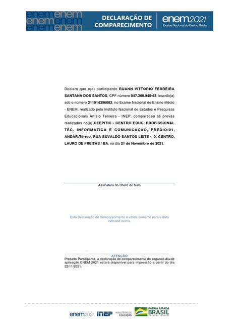 Declaração De Comparecimento Enem