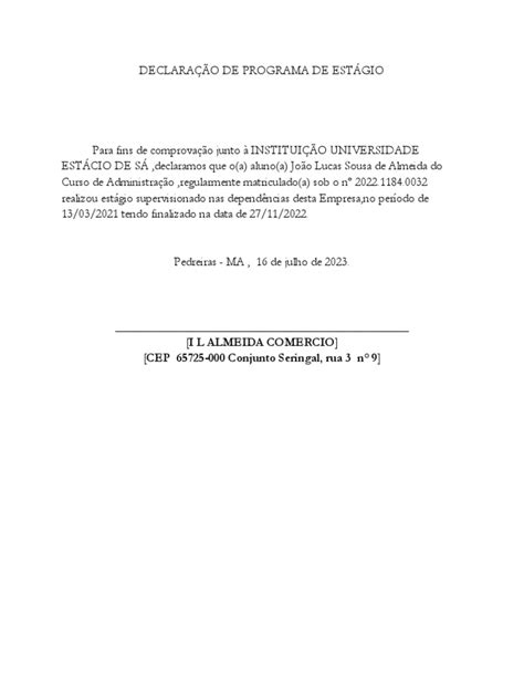 Declaração De Estagio