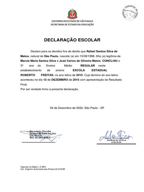 Declaração Escolar Pdf