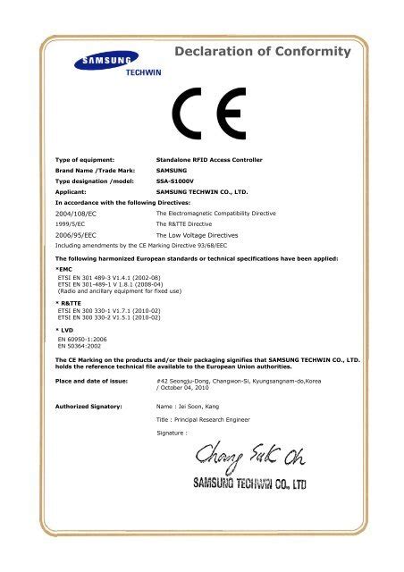 Declaration Of Conformity Samsung Cctv
