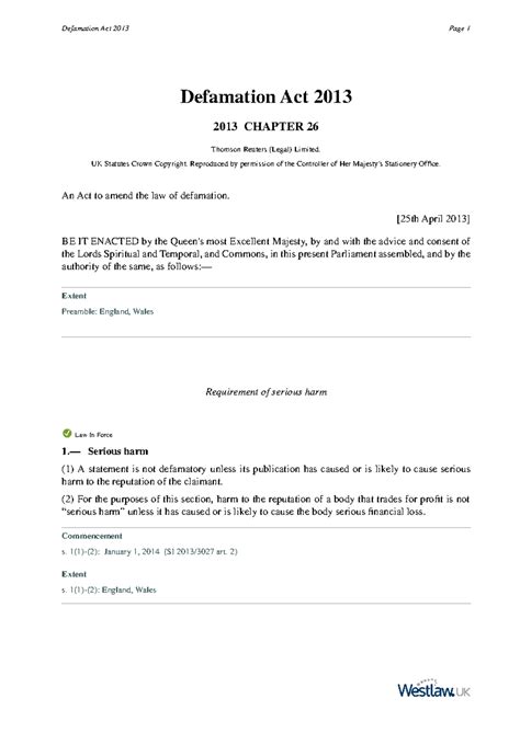 Defamation Act 2013 Chapter 26 Explanatory Notes