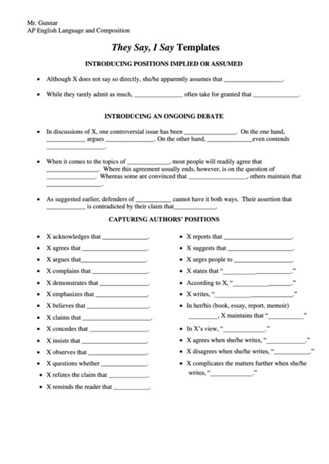 Definition Worksheets They Say I Say Worksheet - They Say I Say Worksheet