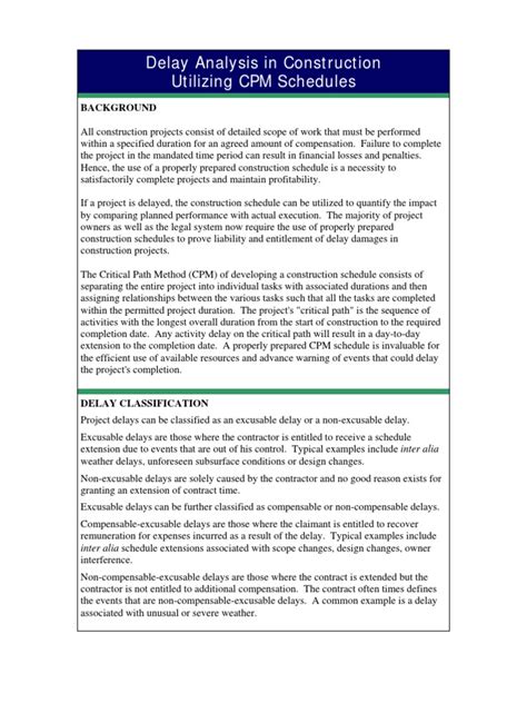 Download Delay Analysis In Construction Utilizing Cpm Schedules 