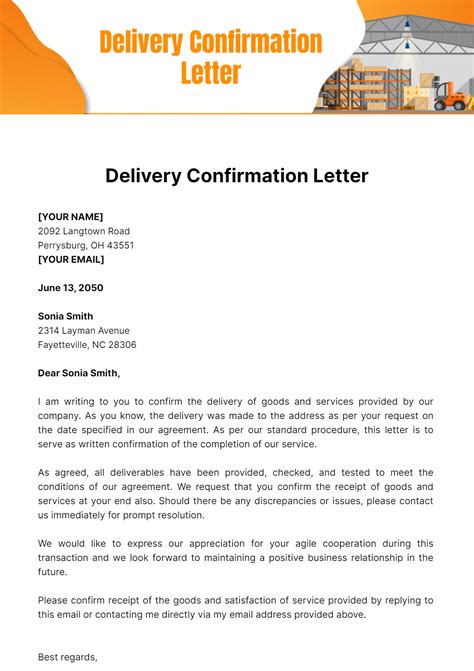 Delivery Supplier Confirmation Letter Sample