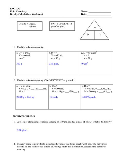 Density Calculations Worksheet Answers Volume And Density Worksheet - Volume And Density Worksheet