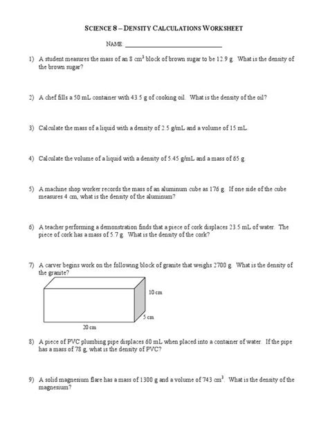 density calculations worksheet education