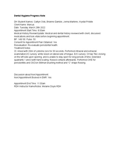 dental hygiene progress note template
