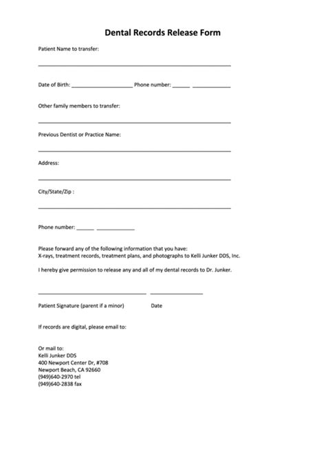 dental record release form blank template