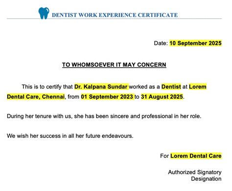 Dentist Work Experience Certificate Formatslibforme