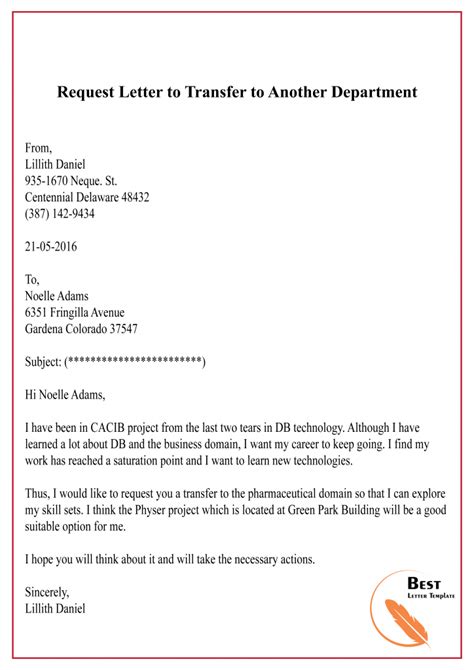 Department Transfer Request Letter Sample
