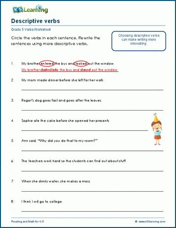 Descriptive Verbs Worksheets K5 Learning Worksheet On Verbs For Grade 5 - Worksheet On Verbs For Grade 5