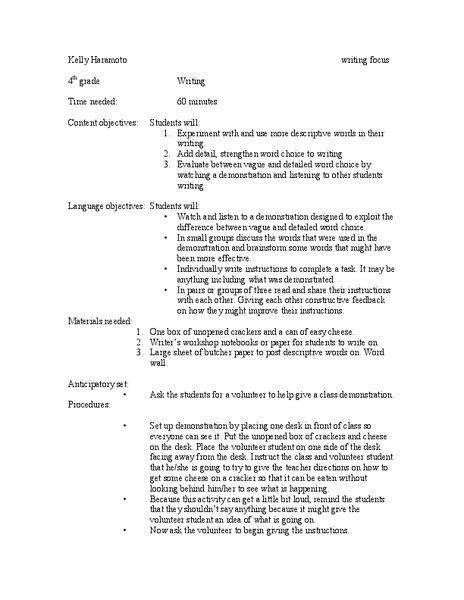 Descriptive Writing Lesson Plan For 4th Grade Lesson Descriptive Writing Lesson - Descriptive Writing Lesson