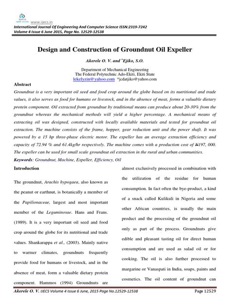 Design And Construction Of Groundnut Oil Expeller