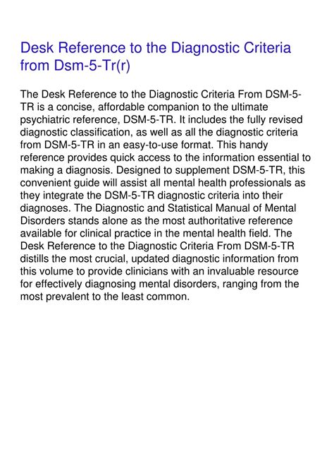 Desk Reference To The Diagnostic Criteria From Dsm 5