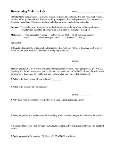 determining molarity lab answers key