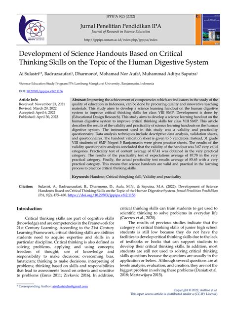 Development Of Science Handouts Based On Critical Thinking Science Handouts - Science Handouts