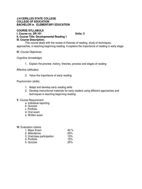 Developmental Reading I Course Syllabus