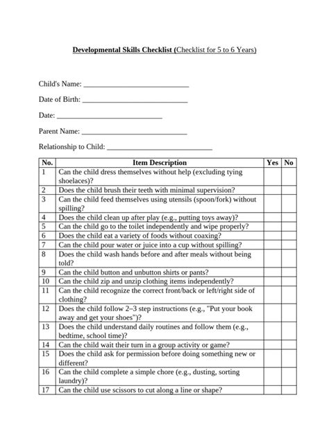 Developmental Skills Checklist Dsc