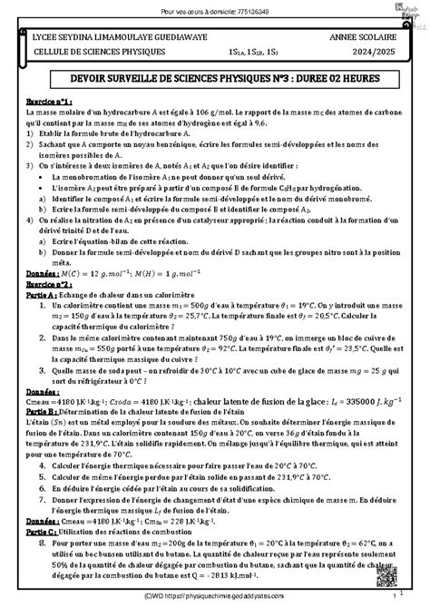 Devoir Surveille Sciences Physiques