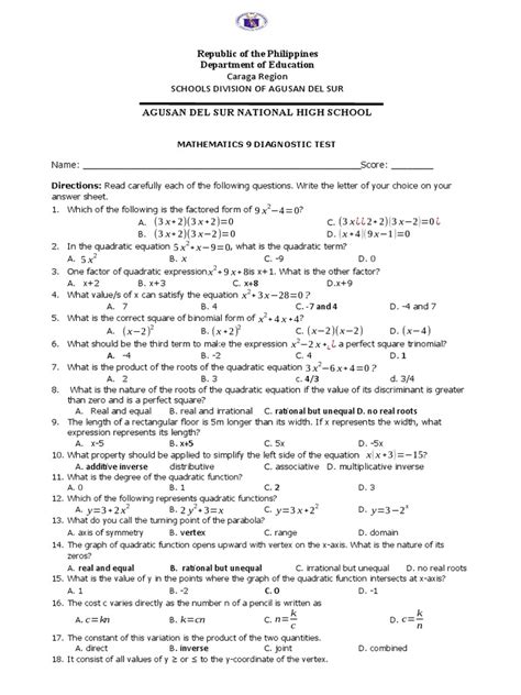 diagnostic test for grade 9