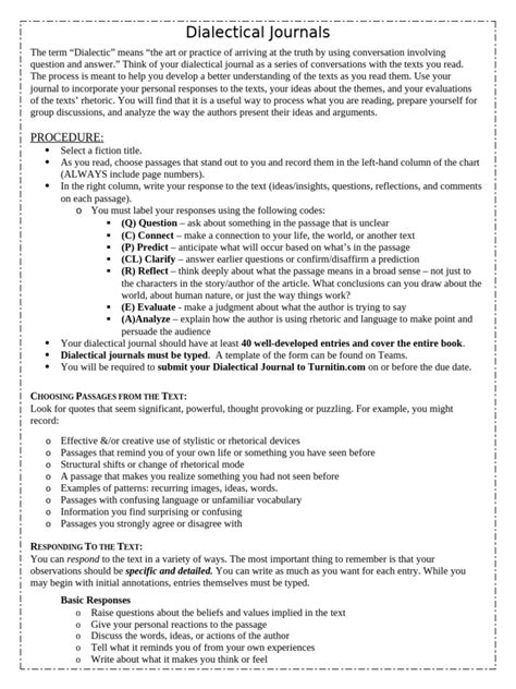 Dialectical Journal Annotation Guide And Rhetorical
