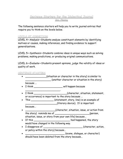 Download Dialectical Journal Sentence Starters 