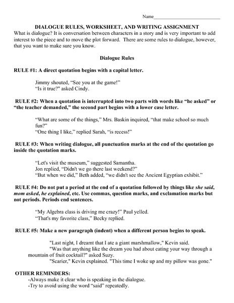 Dialogue Rules Worksheet And Writing Assignment Creative Worksheet Punctuating Quotations 6th Grade - Worksheet Punctuating Quotations 6th Grade