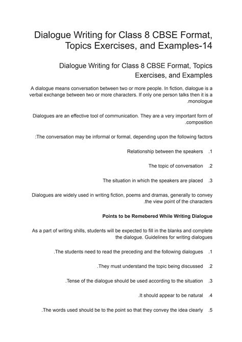 Dialogue Writing For Class 8 Cbse Format Topics Dialogue Writing Exercises - Dialogue Writing Exercises