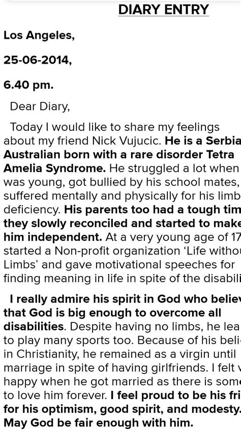 Diary Entry Of Nick Vujicic