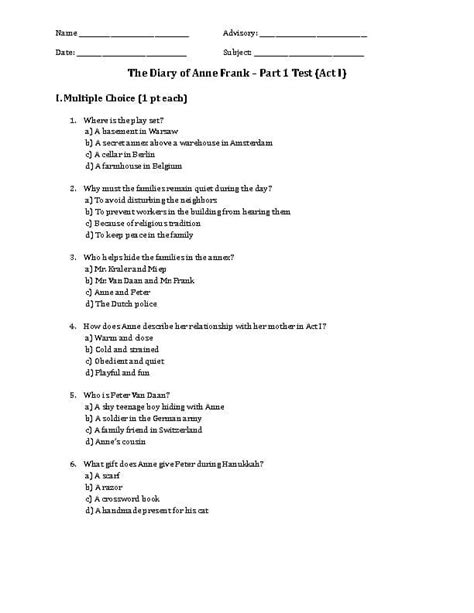 Diary Of Anne Frank Test Questions Pearson