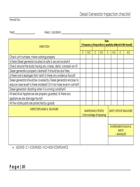 diesel generator daily check log sheet