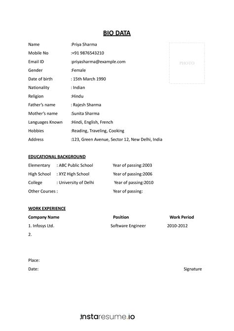different types of bio data format