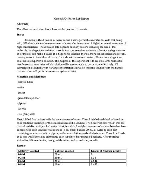 Diffusion Osmosis Lab Report