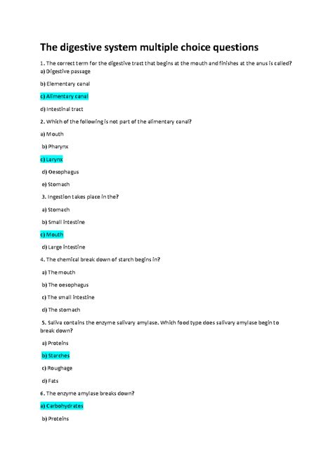 Digestive System Multiple Choice Quiz Digestion Human