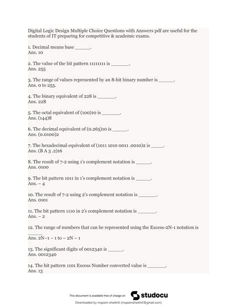 Digital Logic Multiple Choice Questions With Answers