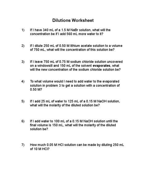 Dilution Problems Worksheet With Answers