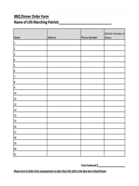 Dinner Order Form Templates