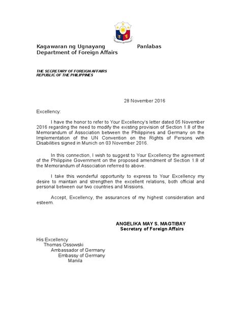 Diplomatic Correspondence Sample Letters