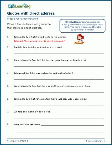 Direct Address Amp Quotes Worksheets K5 Learning Quotation 5th Grade Worksheet - Quotation 5th Grade Worksheet