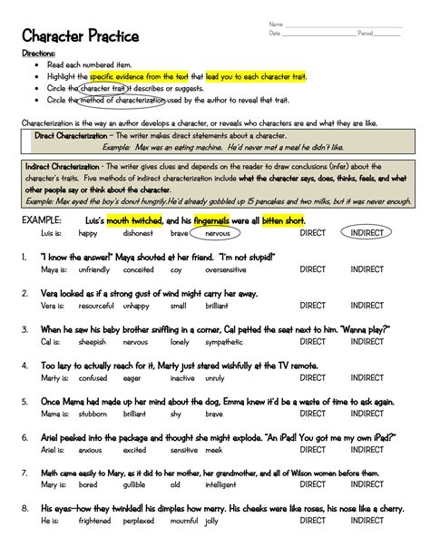 Direct And Indirect Characterization Worksheet Characterization Worksheet 2 Answers - Characterization Worksheet 2 Answers