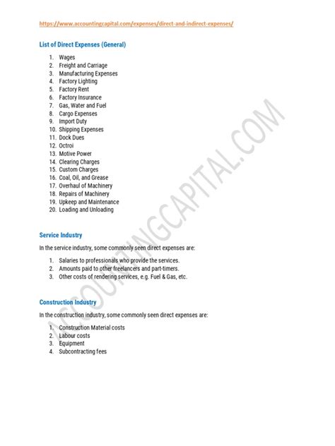 Direct Expenses List