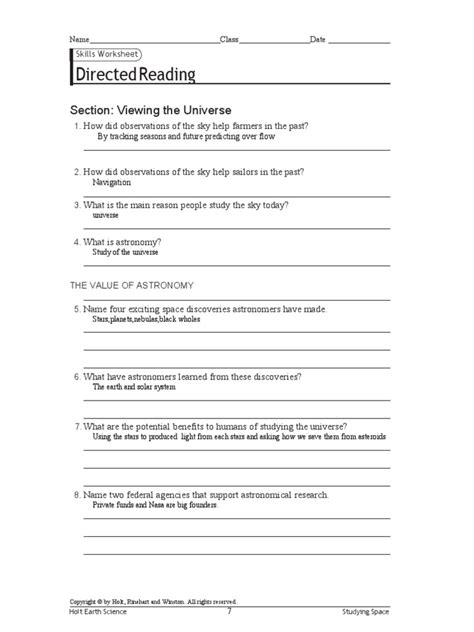 directed section viewing the universe answer key